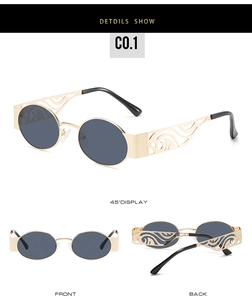Detailed views of gold oval sunglasses with intricate wave-patterned openwork temples