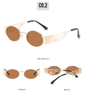 Detailed views of vintage oval sunglasses with gold metal frame and laser-cut temples