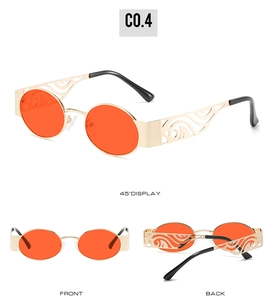 Three-view display of metal sunglasses with orange lenses and wavy gold frames