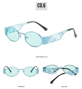 Detailed views of light blue oval sunglasses with hollow wave-patterned metal temples