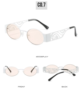 Three-view display of oval sunglasses with white frames and wavy hollow temples