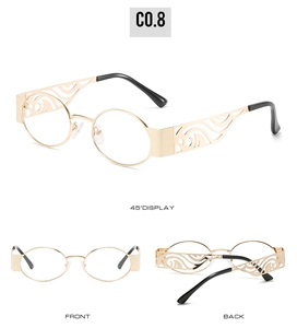 Multi-angle view of round metal sunglasses with hollow wave temples and gold frames