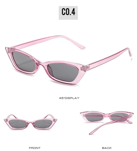 Three-way view of retro cat eye sunglasses in jelly pink with gray lenses and slim frames