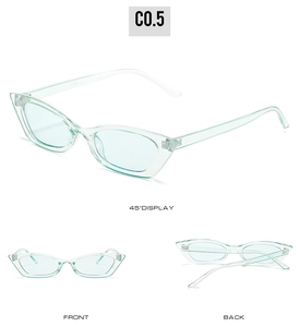 Three-view display of mint green cat-eye sunglasses with 45-degree front and back angles