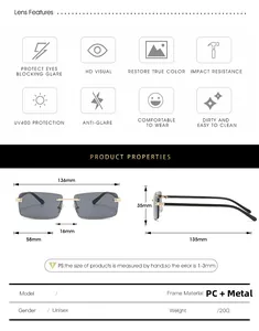 Detailed size chart and features of square rimless gradient sunglasses with metal temples