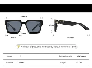 Detailed size chart and specifications for oversized square unisex sunglasses with metal trim