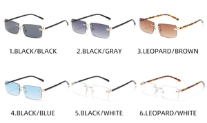 Detail view of square rimless sunglasses in six colors with gold metal frames
