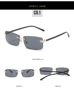 Detail view showing front and side of rimless square sunglasses with dark grey lenses