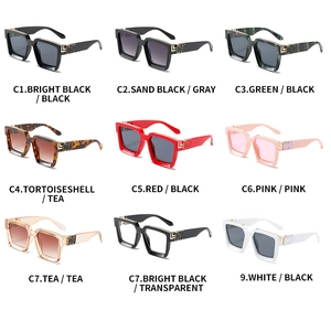 Grid view of oversized square sunglasses in nine different fashion colors and tints