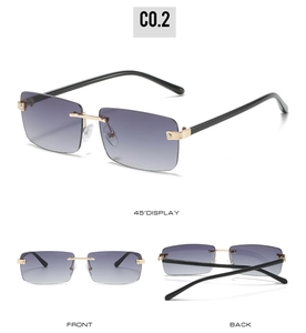 Three views of square rimless sunglasses showing gradient purple lenses and metal bridge