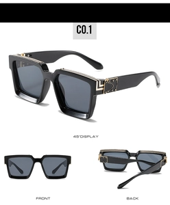 Three-angle view of black oversized square sunglasses with gold metal frame details