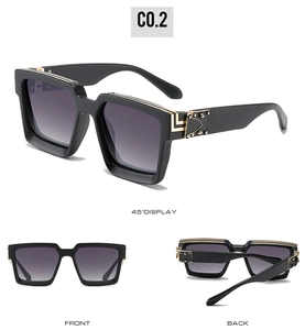 Multi-angle views of oversized square sunglasses with gold metal hardware details