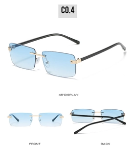 Three-view display of rimless square sunglasses with blue gradient lenses and gold bridge