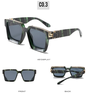 Three views of oversized square green marble frame sunglasses with gold L-shape hinges