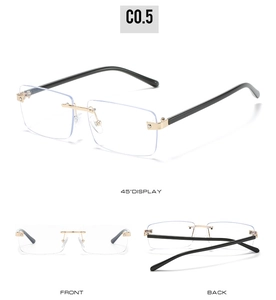 Detailed views of rimless square sunglasses with gradient lenses and gold metal hinges