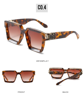 Detailed multi-angle view of tortoiseshell square sunglasses with gold metal temples