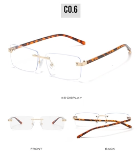 Three-angle view of rimless rectangular sunglasses with tortoiseshell temples and gold hinges