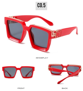 Detailed multi-angle views of red square frame sunglasses with gold temple accents