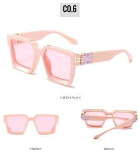 Three-view display of pink square frame sunglasses with gold rivet metal details