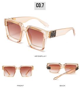 Detailed views of champagne square sunglasses with metallic rivets and gold accents