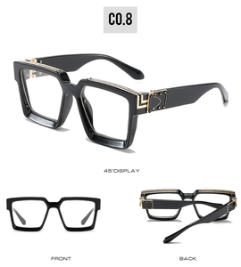 Detail view of square black sunglasses with gold metal accents showing front and back views