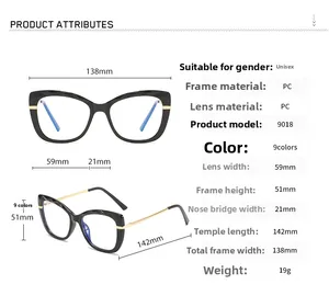 Spécifications détaillées des dimensions pour lunettes œil de chat modèle 9018