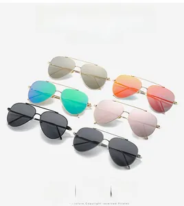 Detailed view of six colorful aviator sunglasses with metal double bridge frames