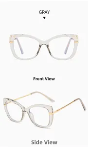 Vues détaillées de face et de profil de lunettes papillon grises avec branches dorées