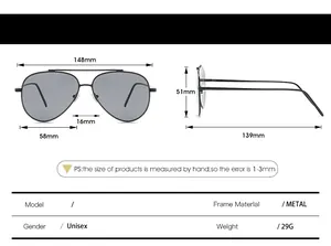 Detailed size chart for metal aviator sunglasses showing 148mm width and 29g weight