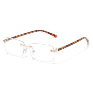 Retro rimless rectangular sunglasses with gold metal bridge and tortoiseshell temples