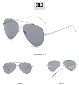 Grey aviator sunglasses with silver metal frame and double bridge in multi-angle views
