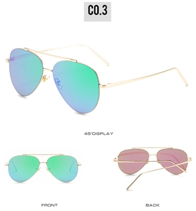 Golden aviator sunglasses with iridescent polarized lenses shown in multiple angles