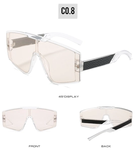 Trois vues de lunettes de soleil masque oversize avec branches en cuir et verres tan