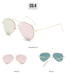 Front and back views of gold metal aviator sunglasses with pink and teal mirror lenses