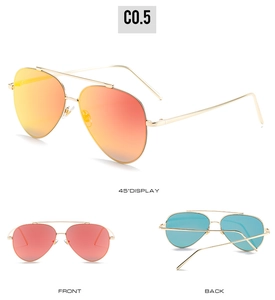 Three-view display of gold aviator sunglasses with orange gradient mirror lenses