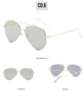 Three-angle views of retro aviator sunglasses with gold metal double bridge and dark lenses