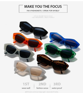 Detailed flat lay of trendy geometric cat eye sunglasses in seven vibrant fashion colors