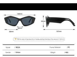 Detailed size chart for M324 geometric polygon sunglasses with 160mm total frame width