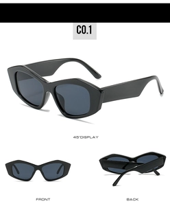 Three-view layout of black geometric cat-eye sunglasses with gray lenses and 45-degree angle