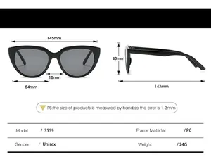 Detailed size chart for retro cat eye sunglasses showing PC frame dimensions in millimeters