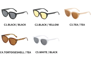 Collection of cat eye sunglasses in five colors including black, tortoiseshell and white