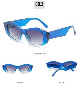 Cat eye sunglasses with translucent blue geometric frame and grey gradient lenses