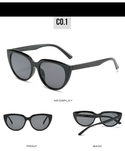 Three-angle display of black cat eye sunglasses featuring stylish PC frames and dark lenses