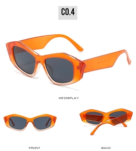 Detailed views of orange cat-eye sunglasses with grey lenses from multiple angles