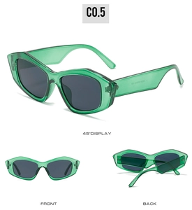 Detailed view of green cat eye sunglasses showing front, back, and 45-degree angle profile