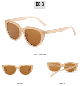Three-angle view of cat eye sunglasses with amber PC frame and brown lenses