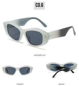 Three-angle view of cat-eye polygon sunglasses with gradient grey translucent frames