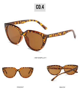 Three perspectives of cat-eye sunglasses featuring leopard print frames and brown lenses