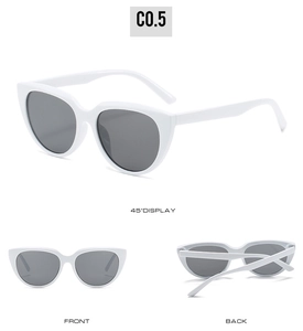 Three-angle display of white cat eye sunglasses with gray lenses, showing front and back views