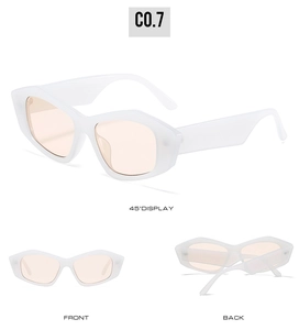 Three-view display of white cat eye sunglasses with trendy pink lenses and thick frames
